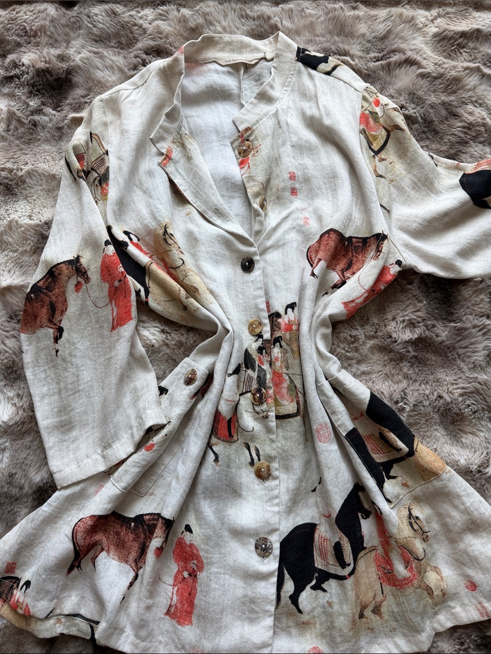 Soft Surroundings Neutral Linen Blend Top with Subtle Print